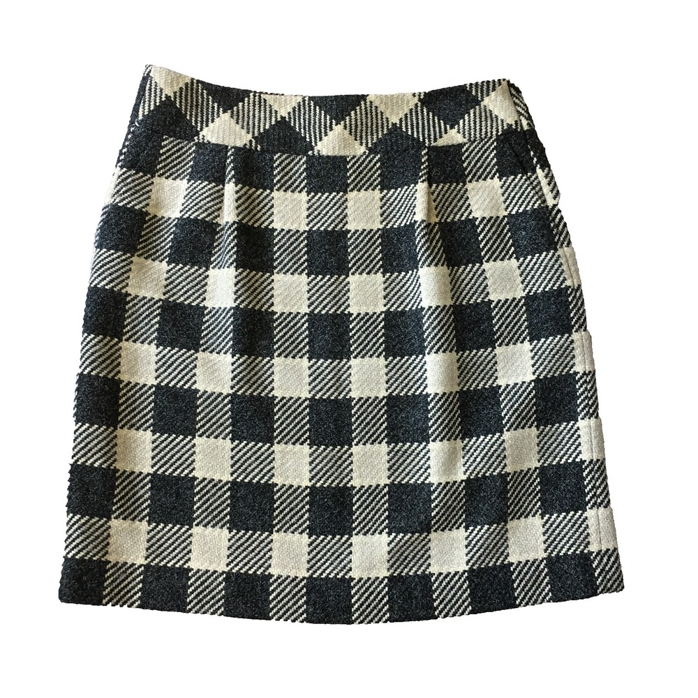 Talbots Buffalo Check Plaid Pencil Mini Skirt 14 L Wool Blend Black Gray Tweed